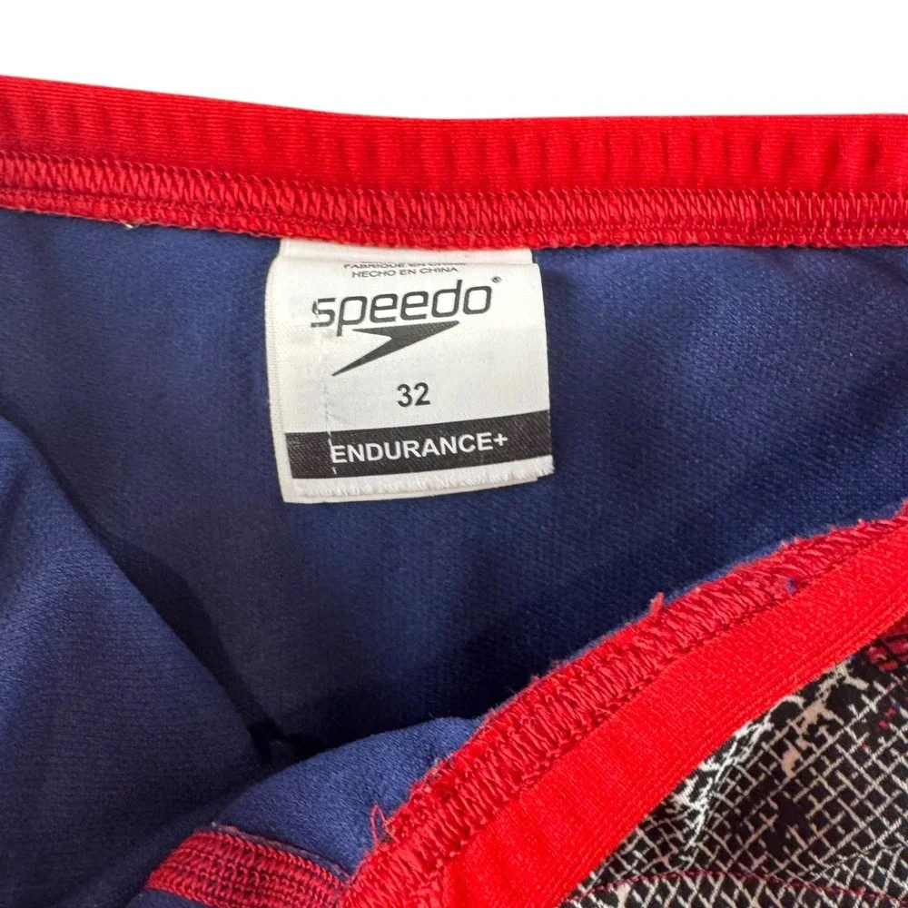 Speedo Endurance+ Mens Swim Briefs Size 32 Red Blue Abstract Grid Performance - Picture 3 of 5